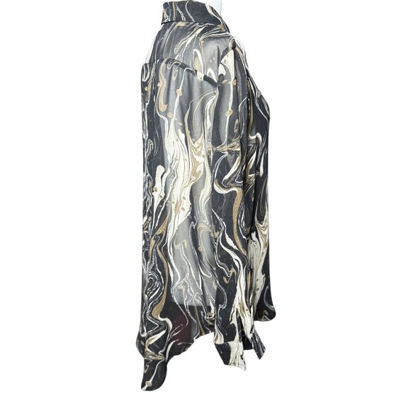 NEW Dress Forum Blouse S Long Sleeve Black Beige Print Dressy Sheer Button Up - Picture 7 of 12